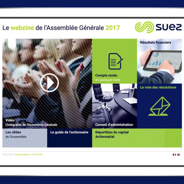 Suez Webzine, création d'un site web full digital, capture écran du site sur une tablette